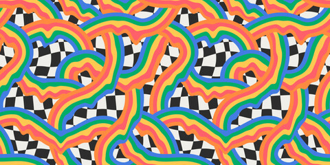Retro melting rainbow seamless pattern with checkered print. Vintage psychedelic wave cartoon background. Trendy y2k wallpaper illustration.	