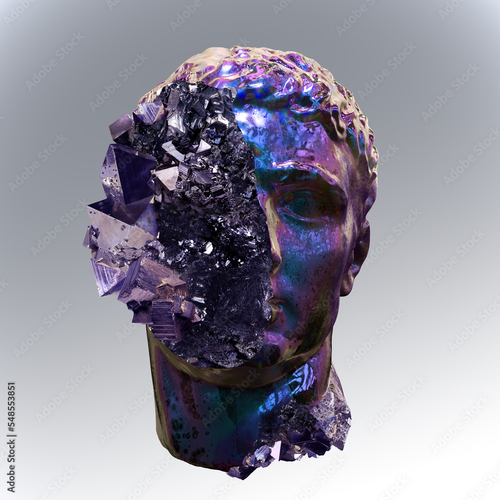 Poster concept illustration from 3d rendering of a fragment of classical style head sculpture made of pyrit