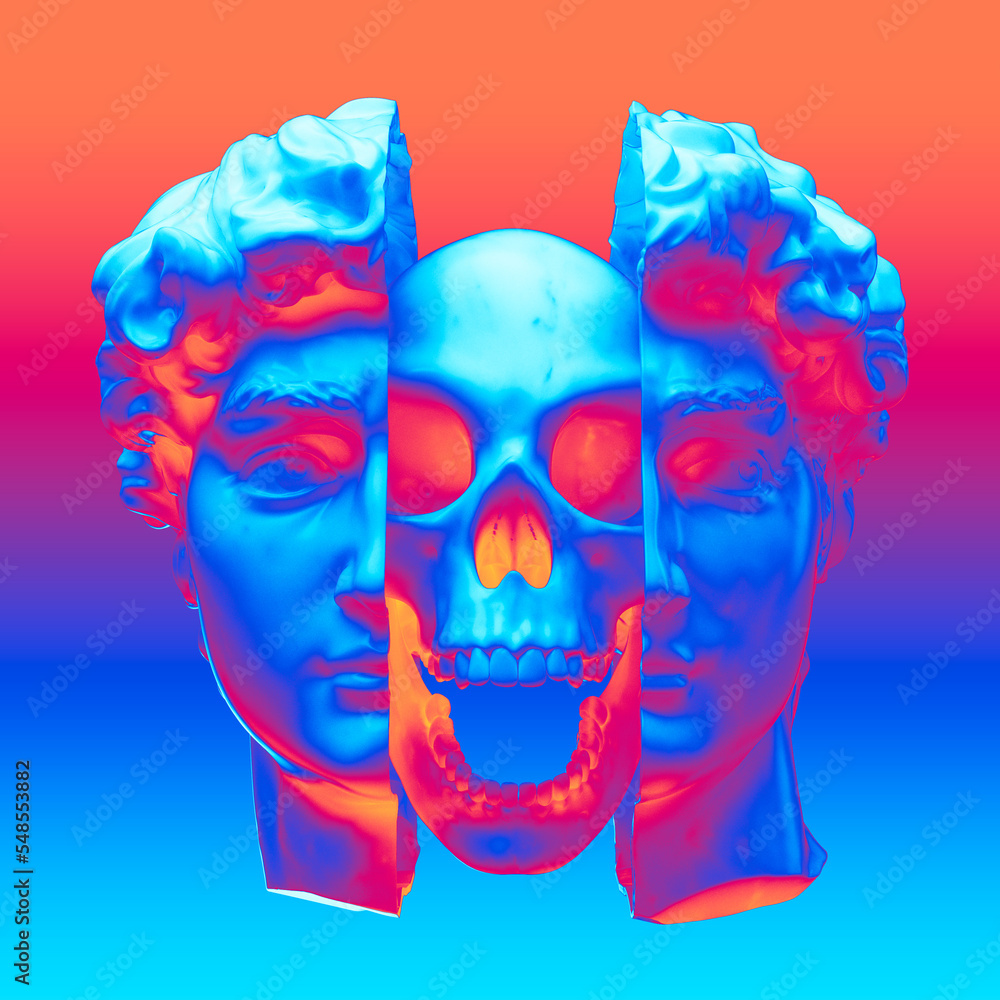 Poster abstract anatomic concept illustration from 3d rendering of a frontal marble classical head bust sli