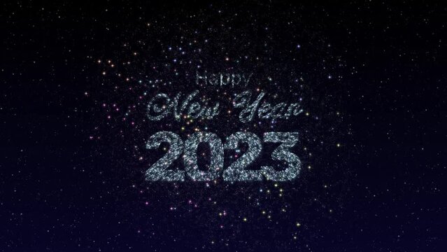 Happy New Year 2023 text animation sparkling with festive fireworks on a starry night sky background