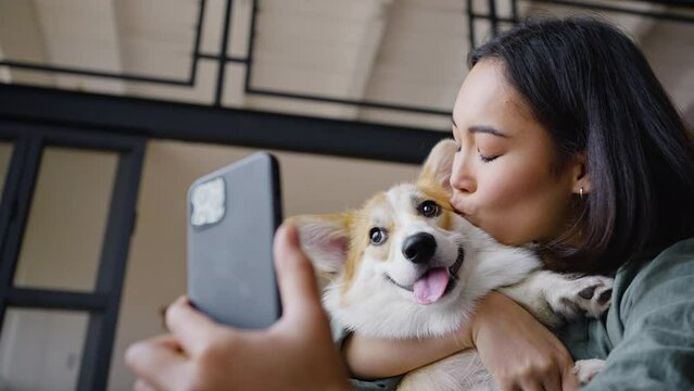 Happy Asian woman takes selfie with Welsh corgi hugging pet