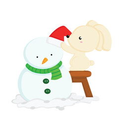 Christmas Animal Rabbit & Snowman Illustration Vector Clipart
