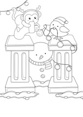 Christmas Animal Monkey & Snowman Coloring Pages A4 for Kids & Adult