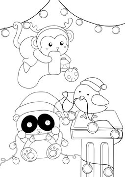 Christmas Animal Panda Monkey Coloring Pages A4 for Kids & Adult