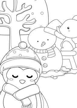 Christmas Animal Penguin & Snowman Coloring Pages A4 for Kids & Adult
