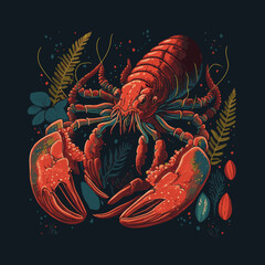 Illustration lobster Seafood. Hand-drawn retro Badge logo for Poster