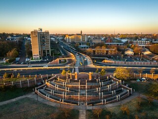 Aerial cityscape view with high buildings in New Brunswick, New Jersey during sunrise