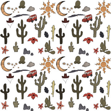Western vibes pattern with cactus and flowers