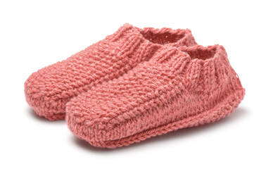 Fototapeta na wymiar Pair of red woolen knitted slipper socks