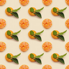 Orange yellow juicy tangerines with green leaves, whole and peeled on neutral beige background, seamless pattern. Citrus fruits mandarins, healthy fruits food concept, creative styled photo, top view
