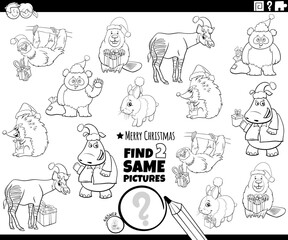 find two same cartoon animals with Christmas gifts coloring page