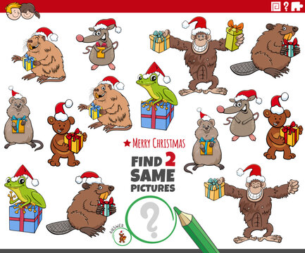 find two same cartoon animal characters with Christmas gifts
