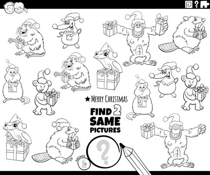 find two same cartoon animals with Christmas gifts coloring page