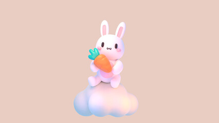 3d rendered cute bunny holding a carrot sitting on a cloud.