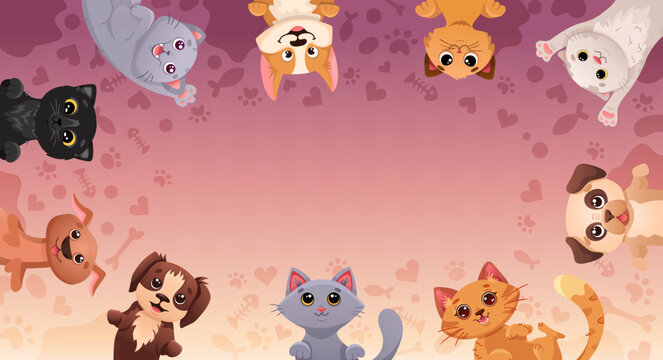 Animal banner template with cute and happy dogs and cats, space for text and print patterns. Colorful Poster design for pet shop, pet sitting concept, veterinary store. Vector cartoon background