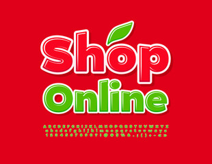 Vector colorful template Shop Online. Green glossy Font. Modern Alphabet Letters and Numbers