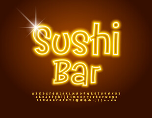 Vector playful sign Sushi Bar. Funny Neon Font. Bright handwritten Alphabet Letters and Numbers set