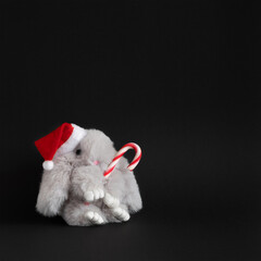 Toy gray rabbit in Christmas Santa hat with candy cane on black background. Copyspace.