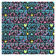 Seamless pattern of coloured graffiti hearts on black background. Figure for textiles.
