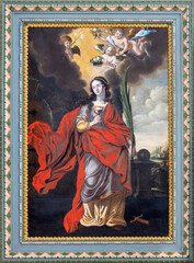 CHIAVENNA, ITALY - JULY 20, 2022: The painting of St. Babara in the church Chiesa di Santa Maria by unknown artist (1662).