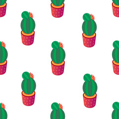 Cactus with flower in pot seamless pattern. Vector Illustration for printing, backgrounds, covers and packaging. Image can be used for greeting card, sticker and textile. Isolated on white background.