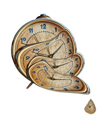 Liquid and flexible time concept. Surreal Alarm clock transforming and thawing. Isolated on transparent background.