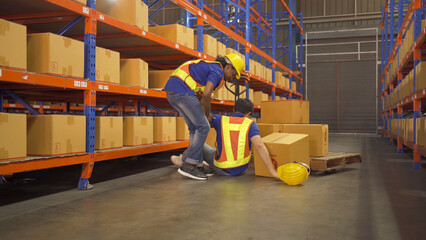 A worker got accident in large warehouse retail store industry. Rack of stock storage. Interior of...