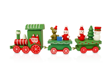 Wooden decorative train isolated on white background.