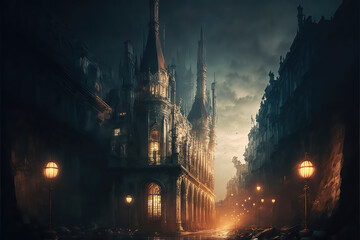 AI generated image of a fantastical medieval mysterious city of darkness and light
