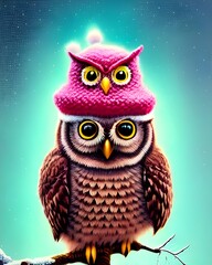 Naklejka premium cute little owl with a knitted hat wearing, christmas atmosphere, new year postcard