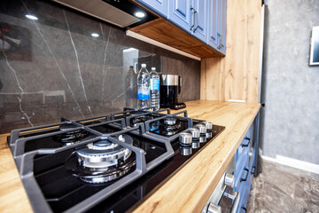 Modern kitchen in the Art Nouveau style. Wooden countertop and blue facade of kitchen furniture. Appliances.