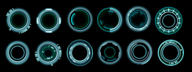 Game HUD focus set, vector UI circle sci-fi frame futuristic space kit, round blue digital target. Space ship high-tech border, electronic modern menu interface viewfinder element. Game HUD clipart