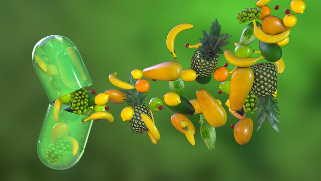 Pill with fruits, 3D illustration