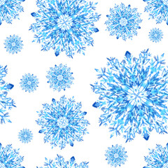 Watercolor seamless pattern with snowflakes. Great Christmas allover print for wrapping paper or textile. Winter design.