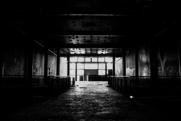 empty hall in an abandoned industrial factory