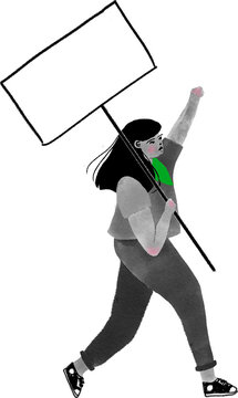 Mujer marchando protestando con un cartel y un pa&ntilde;uelo verde