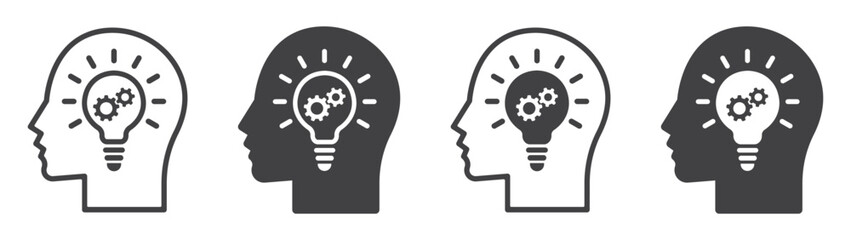 Set of icons head with bulb and gear. Idea head symbol, light bulb and gear in head sign, creativity and solution. Head light bulb icon, head thinking with lightbulbs and gears. Vector illustration.