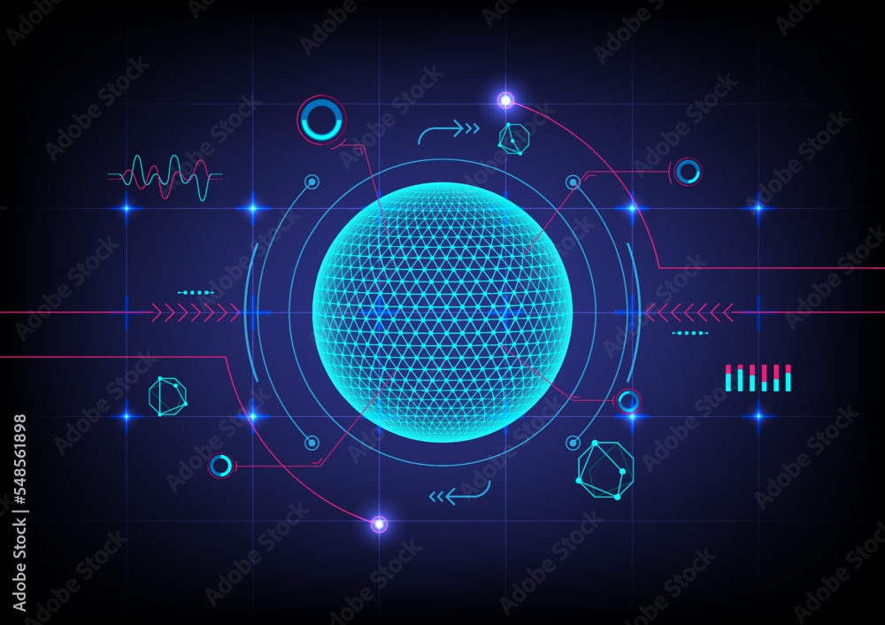 Poster glowing hi-tech circles have a mesh on their surface. there are many lines and elements. there are g