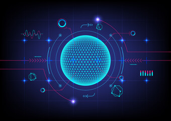 Glowing hi-tech circles have a mesh on their surface. There are many lines and elements. There are glowing dots, there is a grid below, on a blue gradient background.