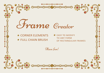 Frame creator with corner elements, round jewelry motifs, pattern chain brush. Easy to modify to various size of frame. Silver, gold elements with red gems. White background. Vintage style.