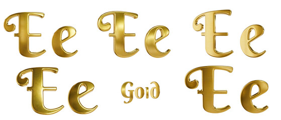 3D alphabet. Golden font with transparent background. Gold. Letter E, e. 5 variants at different angles.
