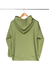 Green sweatshirt fleece and hanging on a hanger wooden back view.The concept of modern comfortable sportswear.
