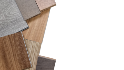 samples of interior material, wood, isolated on background with clipping path. interior design selected material including various type of engineering and vinyl flooring tiles for construction.