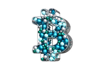 Bitcoin Btc symbol filled with blue, silver and teal Christmas balls. Illustration suitable for a holiday cryptocurrency concept. High definition 3D rendering.