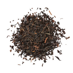 Heap of Formosa Oolong dried tea leaves close up isolated on white background