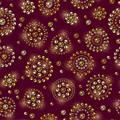 Seamless pattern with gold round jewelry ornaments in vintage style. Vector illustration. Good for clothing, apparel, fabric, textile, surface design.