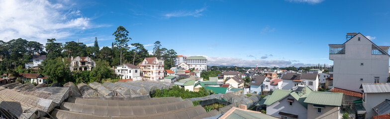 Fototapeta premium Panorama of High angle view from drone of DALAT city at vietnam