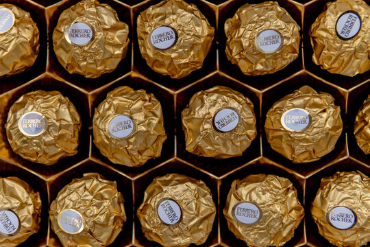 London. UK. 11.20.2022. Close up of Ferrero Rocher chocolate in its presentation box.