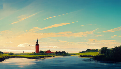 Fototapeta na wymiar Denmark countryside farm land with river