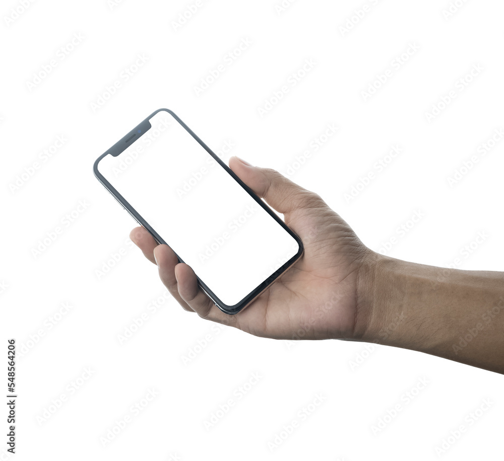 Poster hand holding mobile smart phone on white background technology, mobile phone screen mockup design on